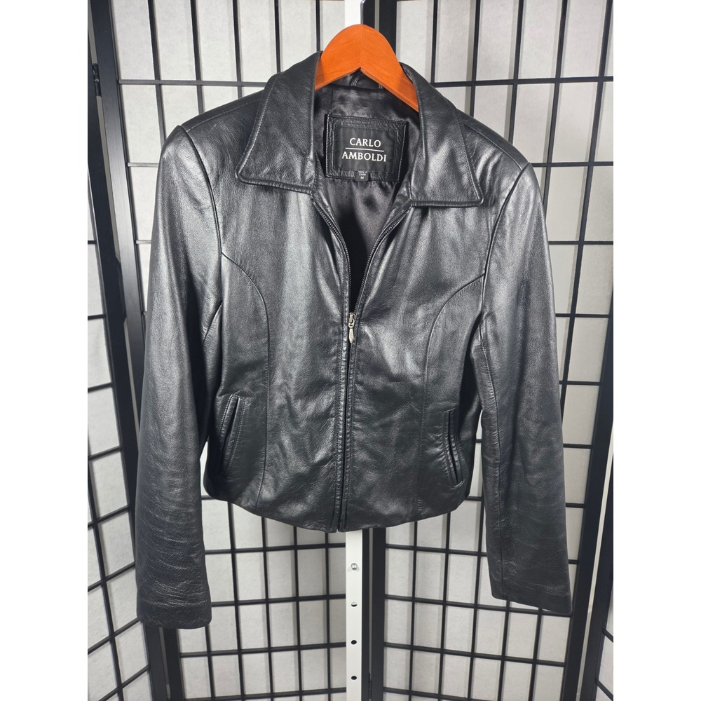 Carlo Amboldi Womens Black Cowhide Leather Zip Up Jacket Size M Tailored Fit